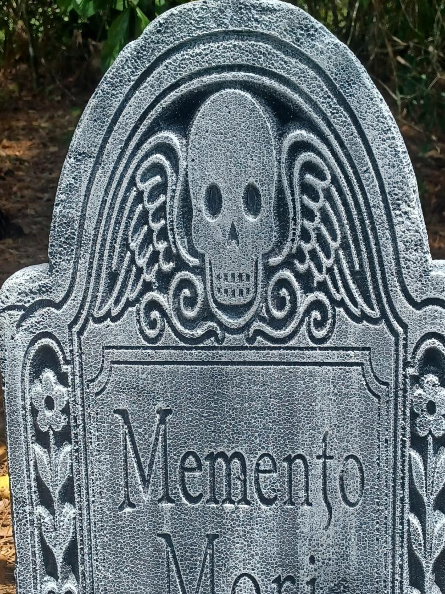 Colonial Memento Mori Tombstone – Foam Gravestone with Skull & Detailed scroll work (Personalized Memorial Option)
