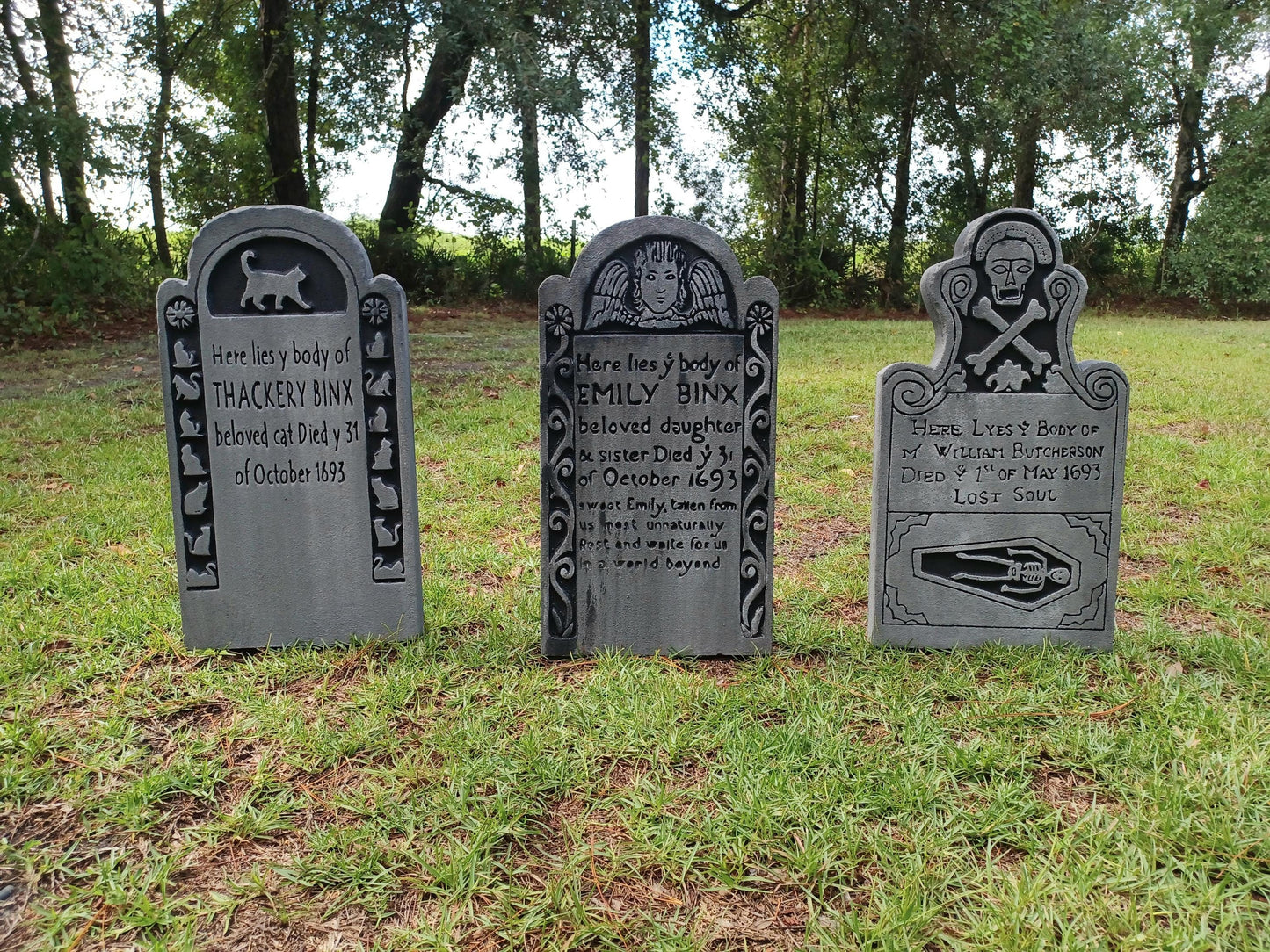 Set of 3 Hocus Pocus Tombstones Emily Binx, Thackery Binx, and Billy Butcherson Tombstones Hocus Pocus Movie Halloween Tombstone Props - Halloween Trickery