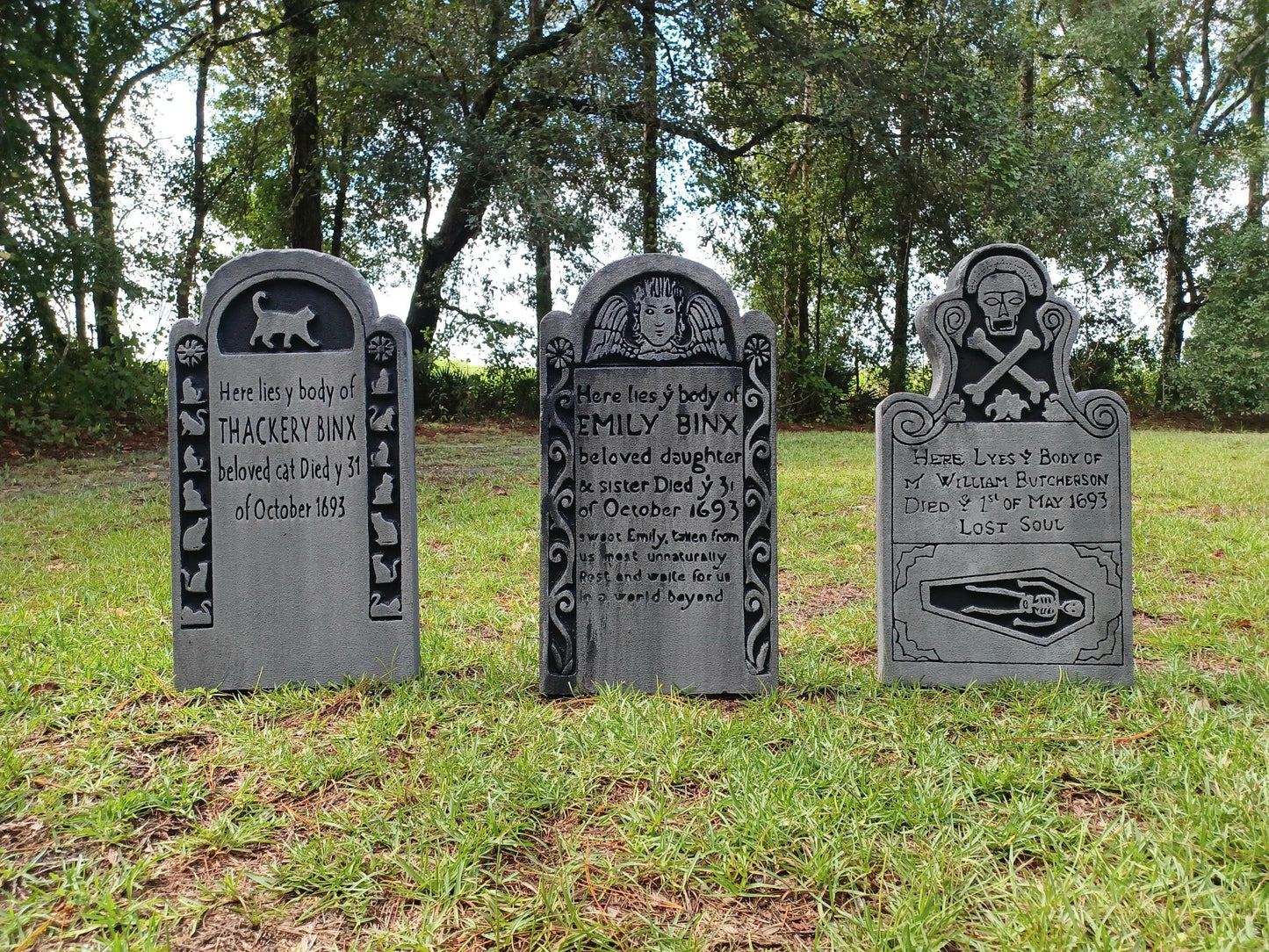 Set of 3 Hocus Pocus Tombstones Emily Binx, Thackery Binx, and Billy Butcherson Tombstones Hocus Pocus Movie Halloween Tombstone Props - Halloween Trickery