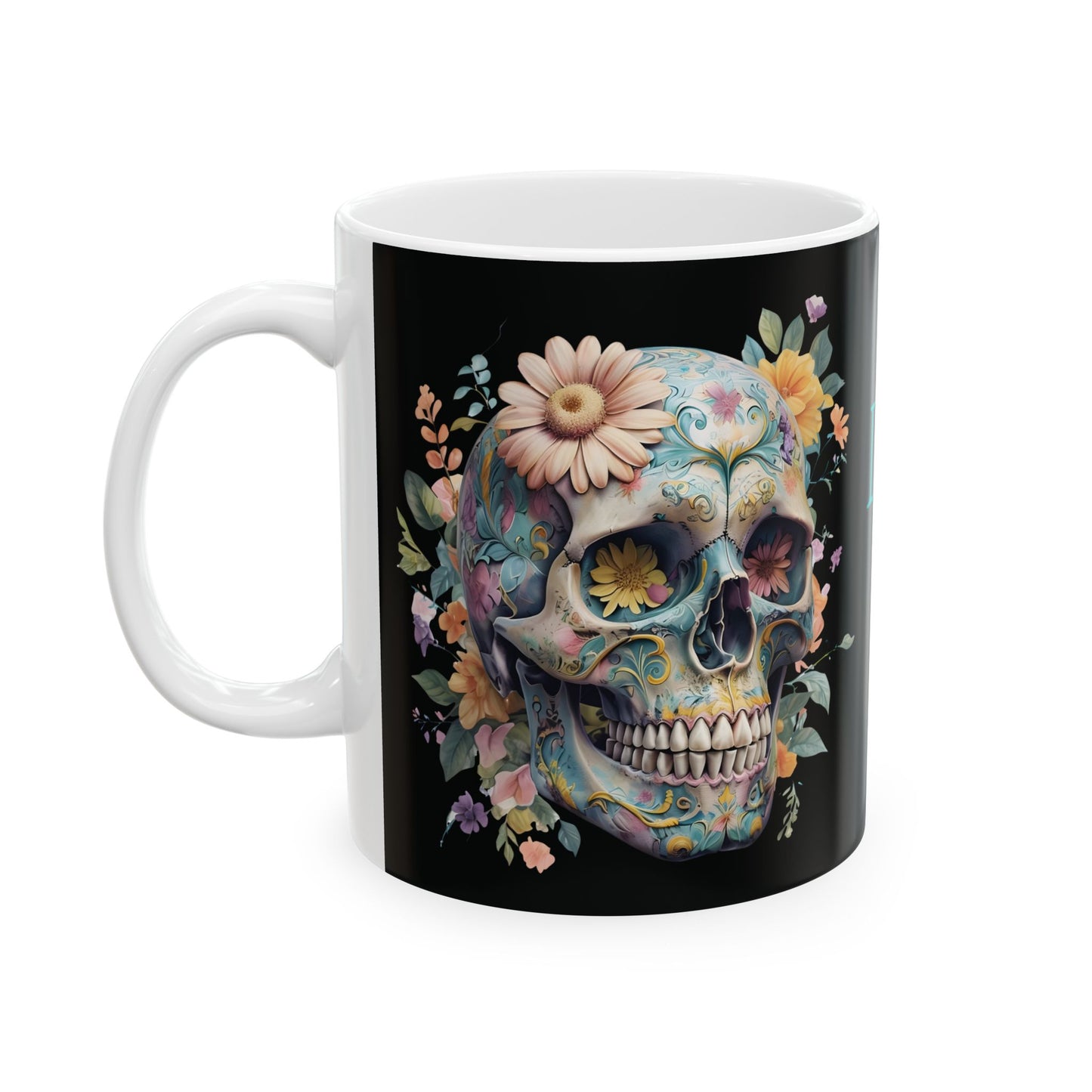 Personalized Day of the Dead Inspired Ceramic Mug, Sugar Skull Coffee Cup, Halloween Gift, Dia de los Muertos Kitchen Decor, 11oz 15oz