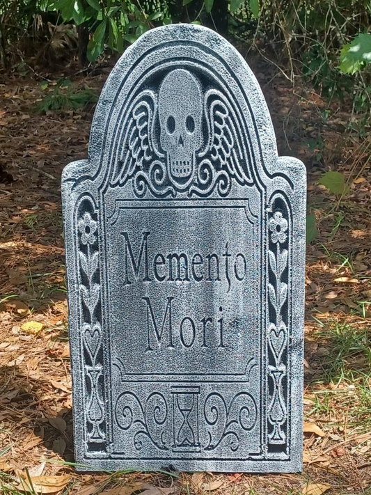Colonial Memento Mori Tombstone – Foam Gravestone with Skull & Detailed scroll work (Personalized Memorial Option)