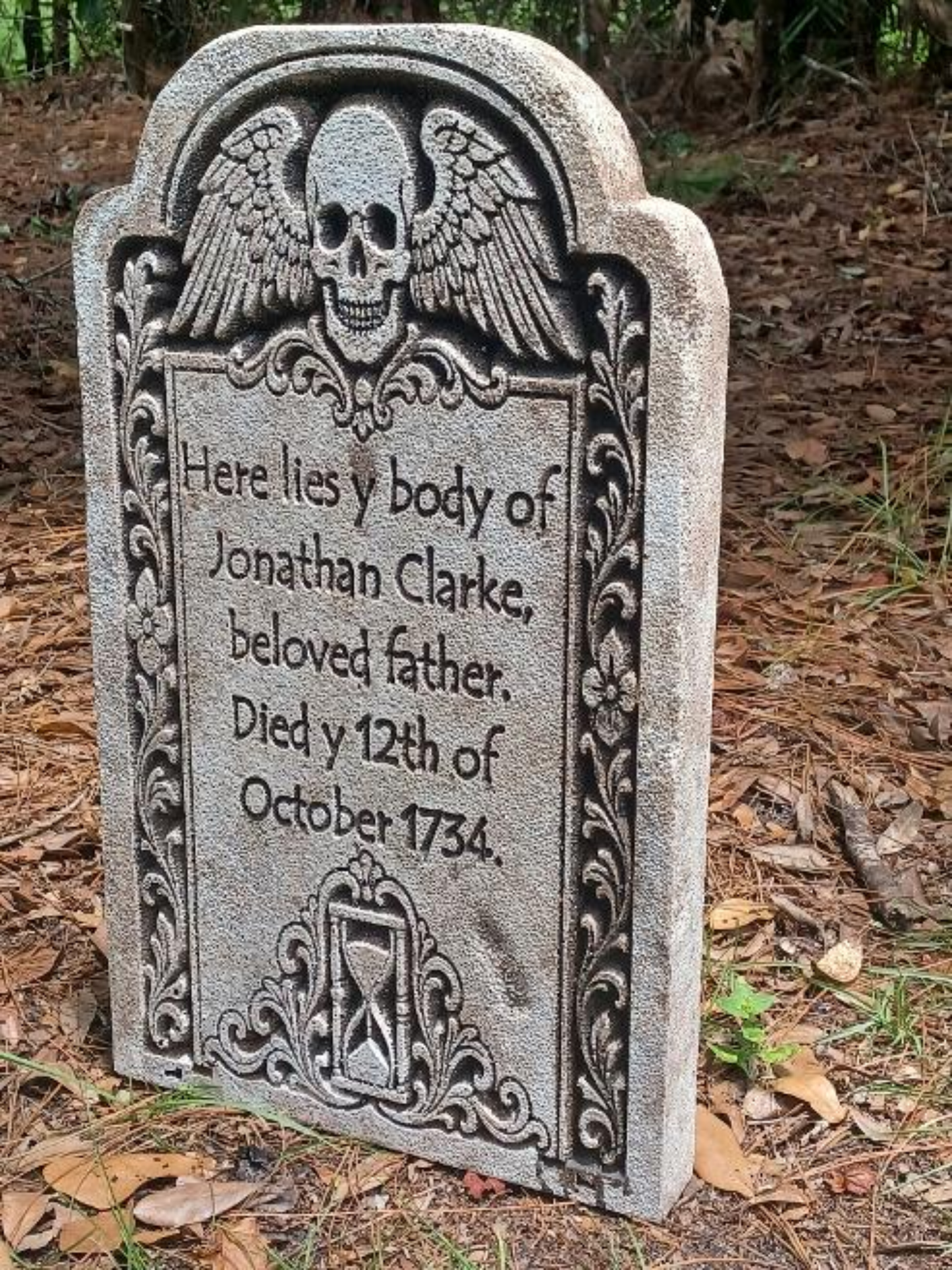 Colonial Memento Mori Tombstone – Foam Gravestone with Winged Skull & Hourglass (Personalized Memorial Option)