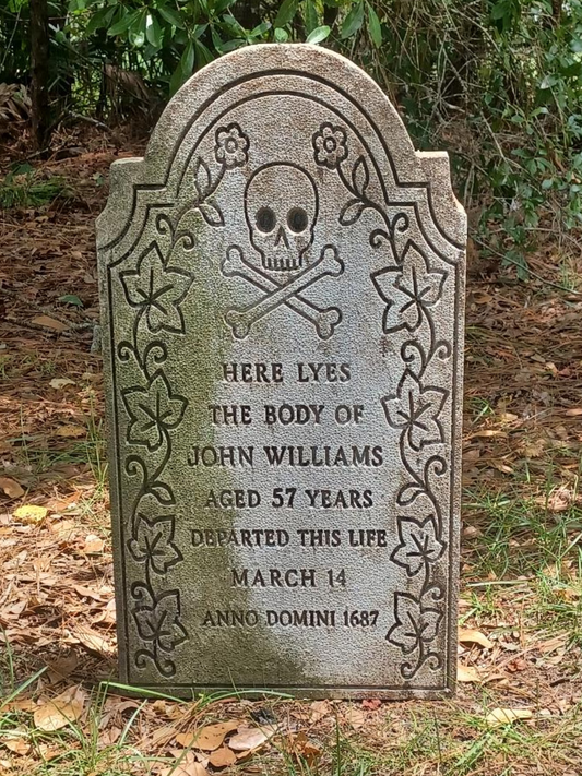 Colonial Memento Mori Tombstone – Foam Gravestone with Skull & Ivy (Personalized Memorial Option)