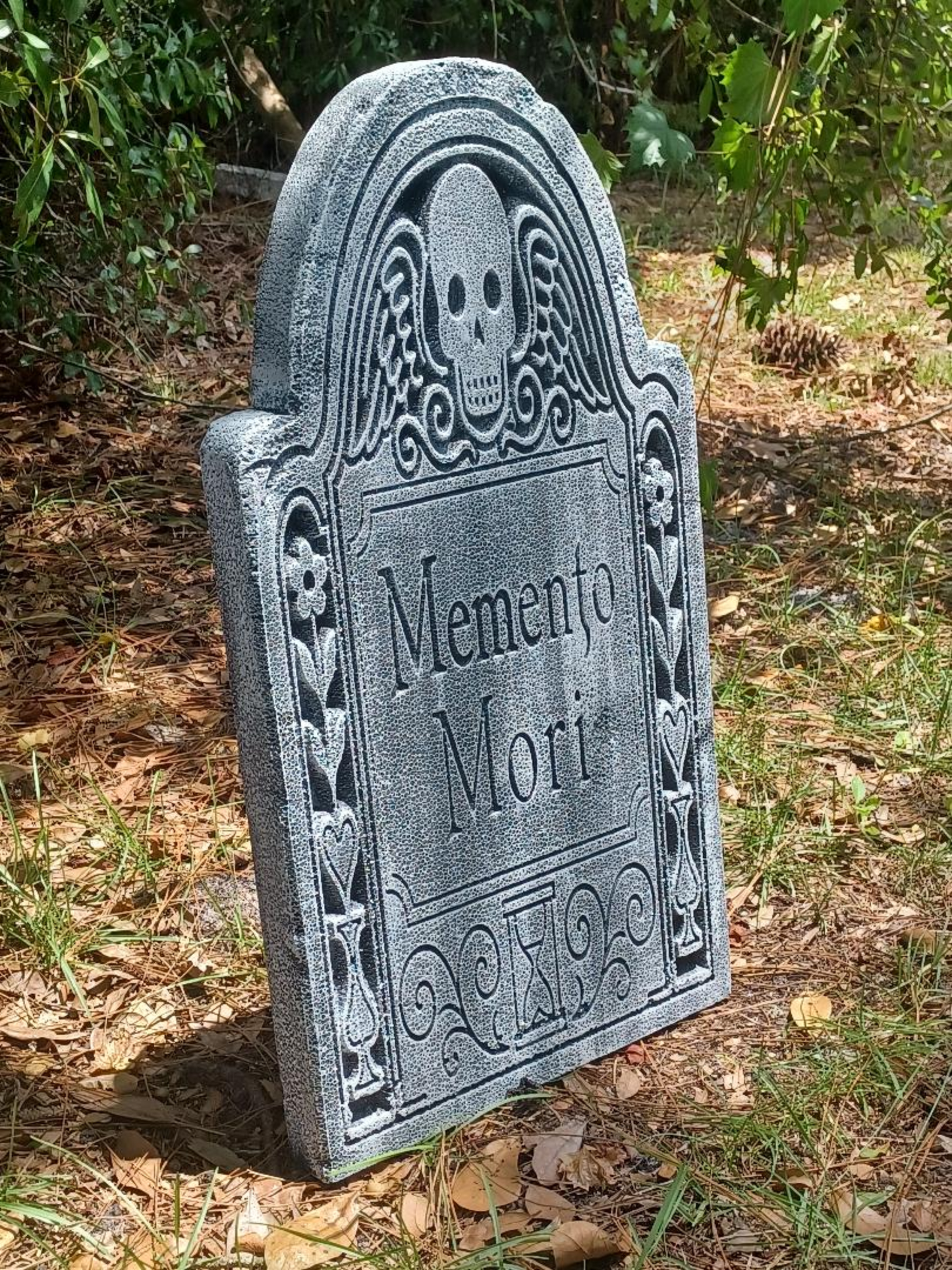 Colonial Memento Mori Tombstone – Foam Gravestone with Skull & Detailed scroll work (Personalized Memorial Option)