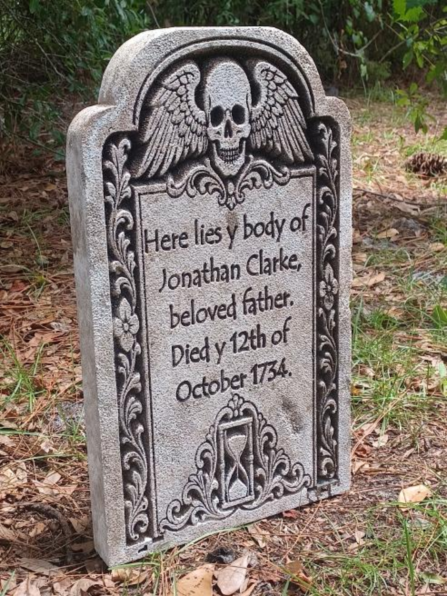 Colonial Memento Mori Tombstone – Foam Gravestone with Winged Skull & Hourglass (Personalized Memorial Option)