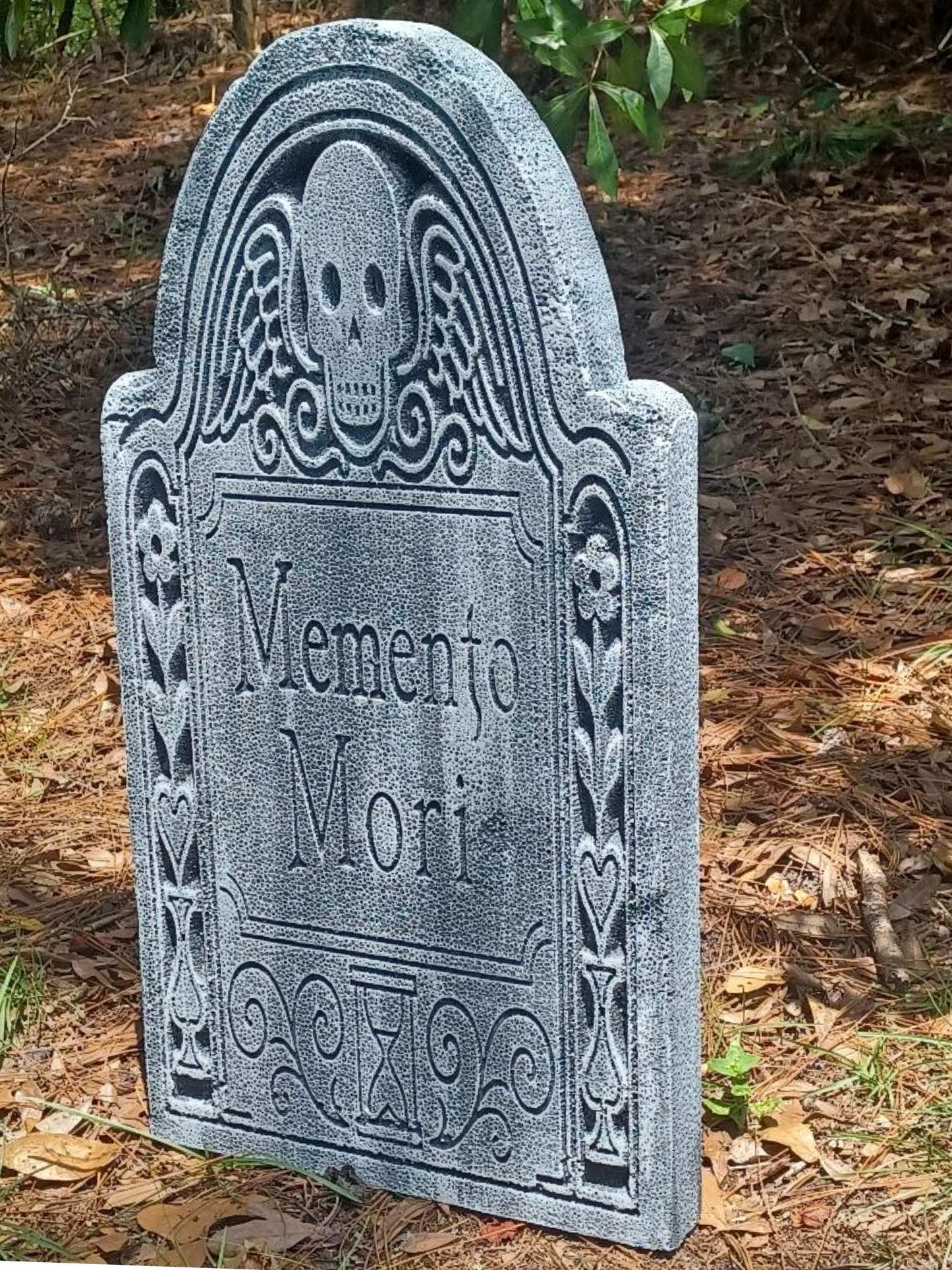 Colonial Memento Mori Tombstone – Foam Gravestone with Skull & Detailed scroll work (Personalized Memorial Option)