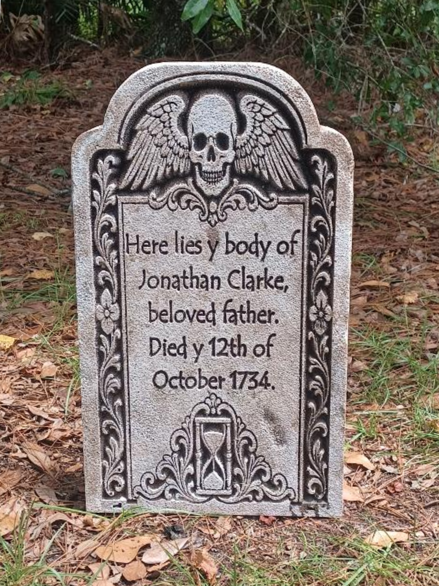 Colonial Memento Mori Tombstone – Foam Gravestone with Winged Skull & Hourglass (Personalized Memorial Option)