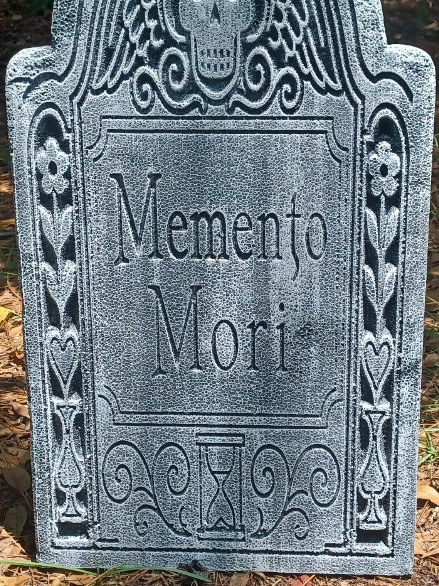 Colonial Memento Mori Tombstone – Foam Gravestone with Skull & Detailed scroll work (Personalized Memorial Option)
