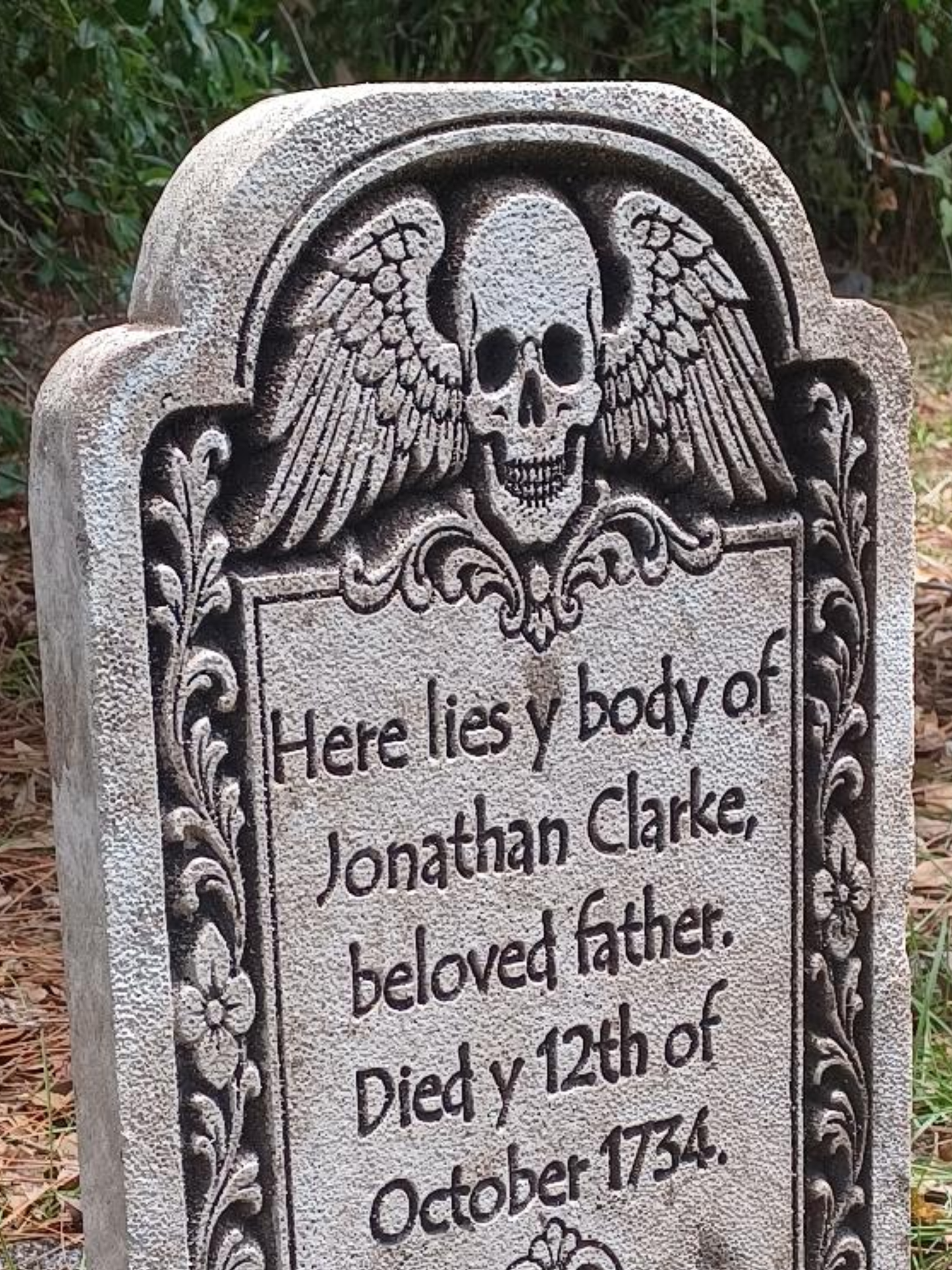Colonial Memento Mori Tombstone – Foam Gravestone with Winged Skull & Hourglass (Personalized Memorial Option)