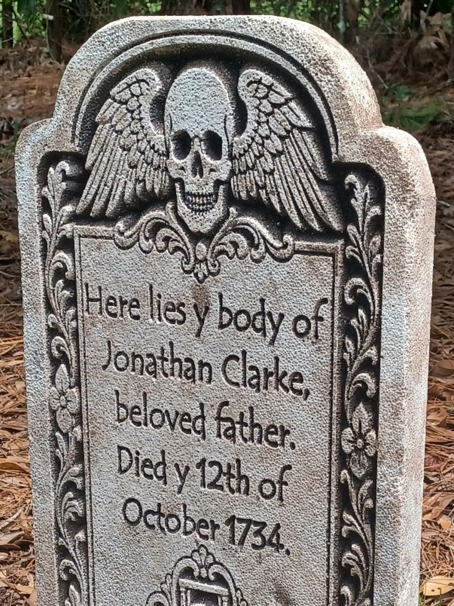 Colonial Memento Mori Tombstone – Foam Gravestone with Winged Skull & Hourglass (Personalized Memorial Option)
