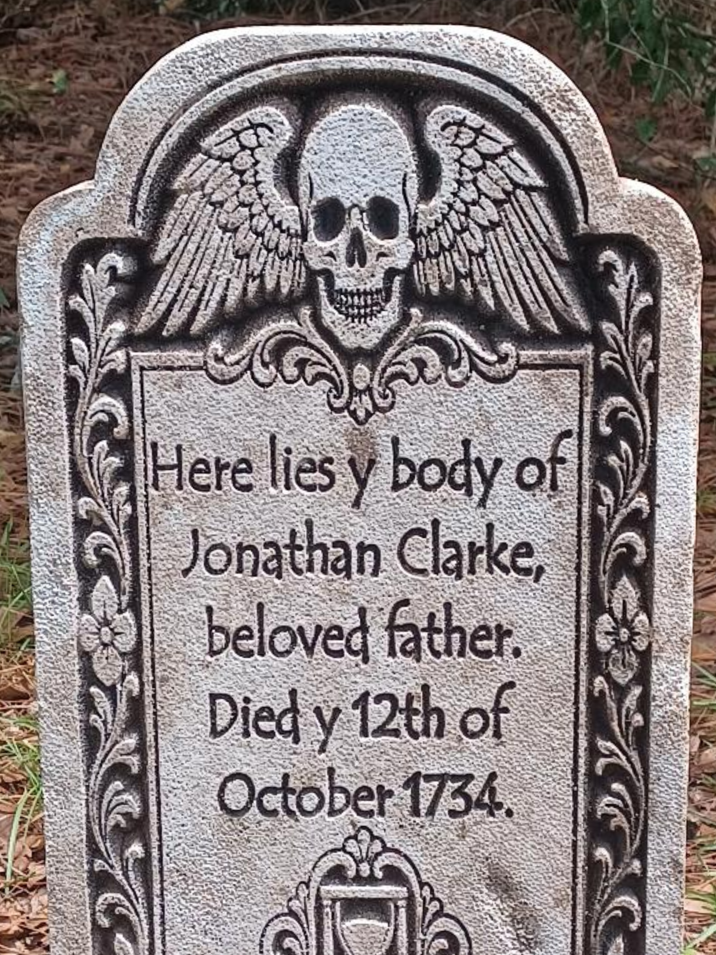Colonial Memento Mori Tombstone – Foam Gravestone with Winged Skull & Hourglass (Personalized Memorial Option)