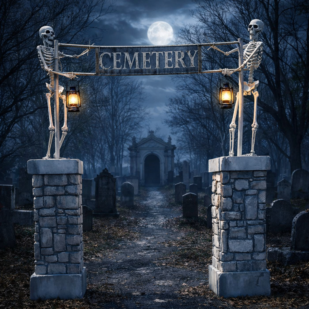GLOWS BLACK LIGHT Skeleton Cemetery Entrance Halloween Prop Cemetery Entrance Skeleton Archway Pillars Halloween Outdoor Yard Decoration - Halloween Trickery