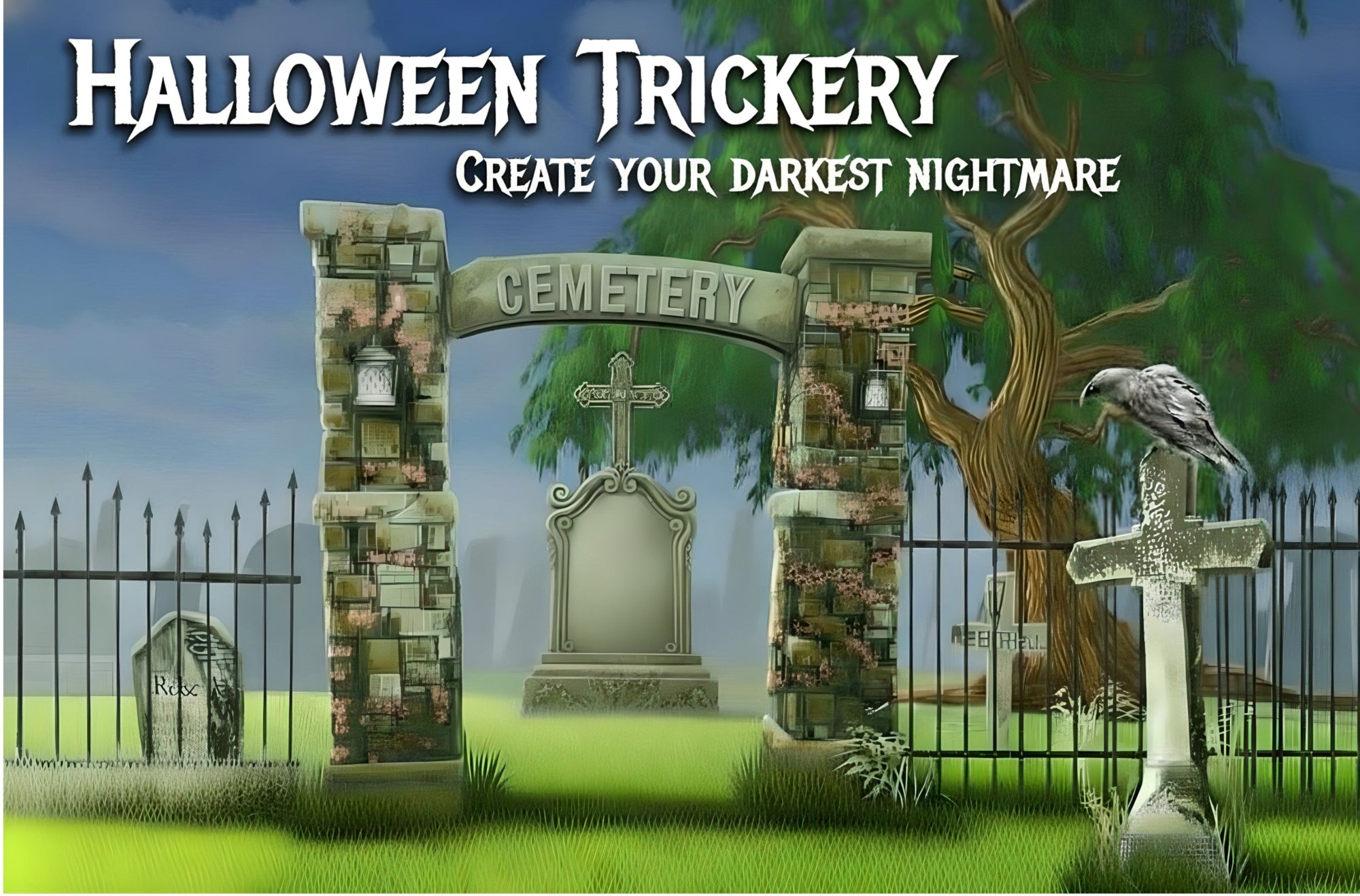 Gothic cemetery scene with tombstones and a gate, labeled 'Halloween Trickery'.